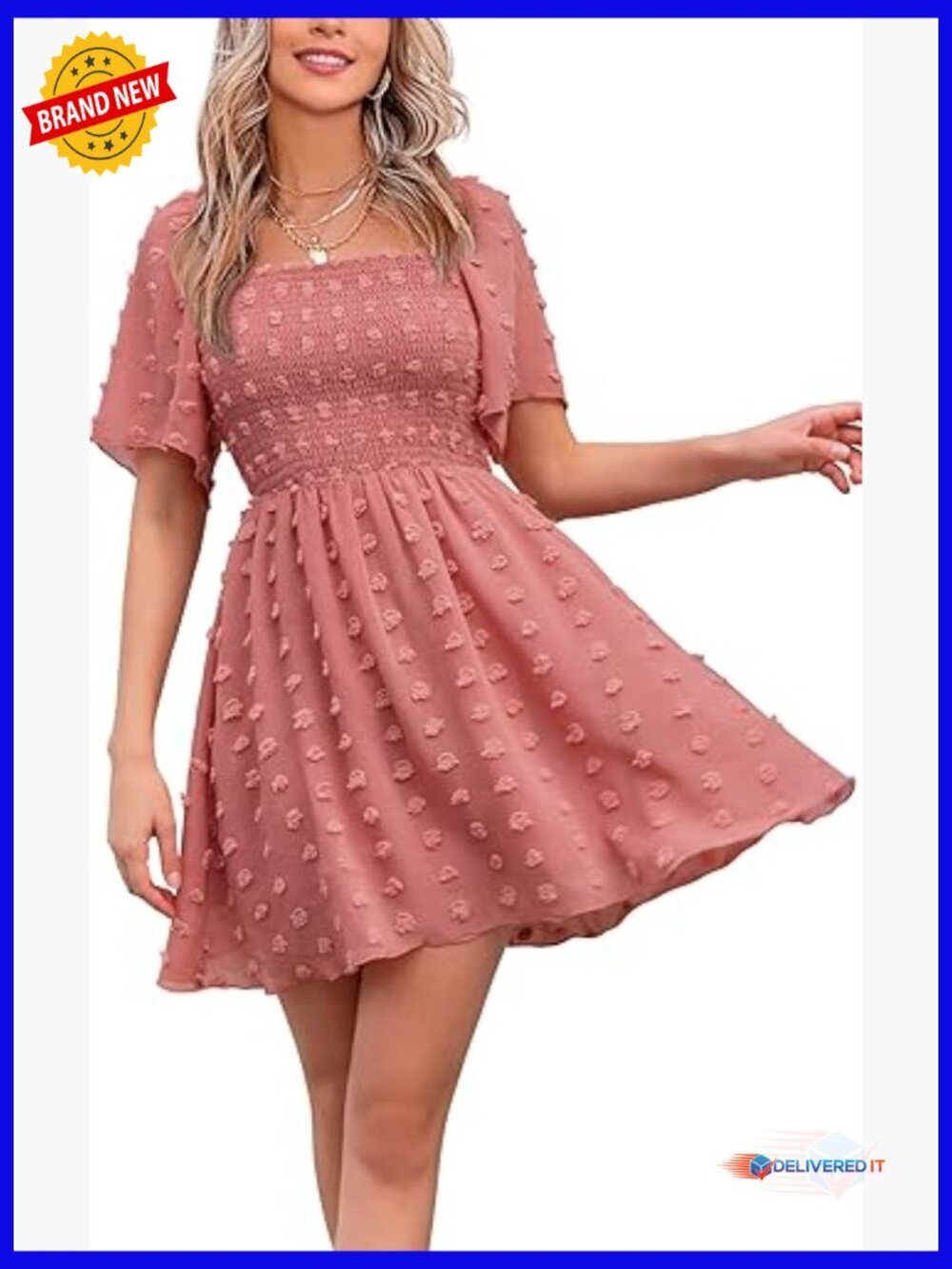Square Neck Ruffle Mini Dress Flowy Swing Skirt Swiss Dot Short Sleeve